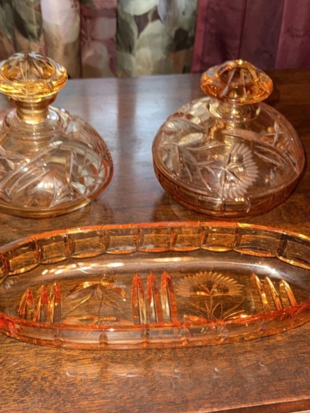 Amber Cut Glass Vanity Set - Decorative Amber Crystal Dressing Table Tray & Jars